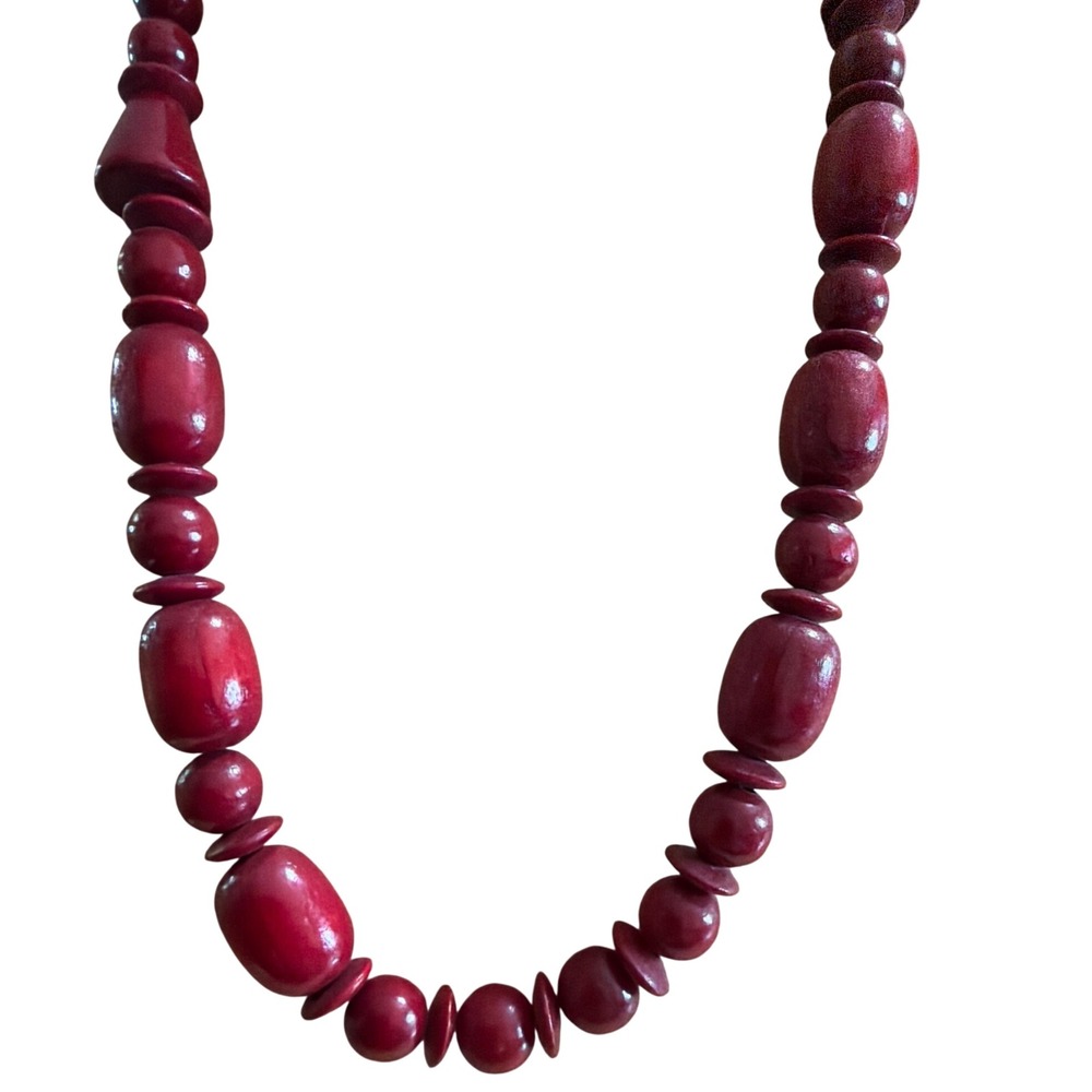 Vintage Red Wooden‎ Chunky Bead Statement Necklace Burgundy Geometric